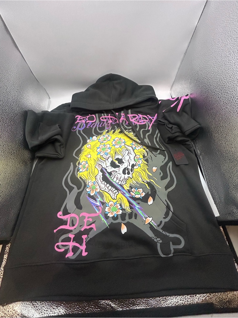 Ed Hardy Black Hoodie with Pink Logo Tag and Yellow Graphic